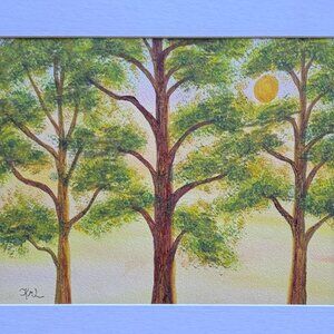 PAINTING WATERCOLOR 11X14 & WHITE MAT 16X20 TREES SUNRISE LANDSCAPE ORIGINAL ART